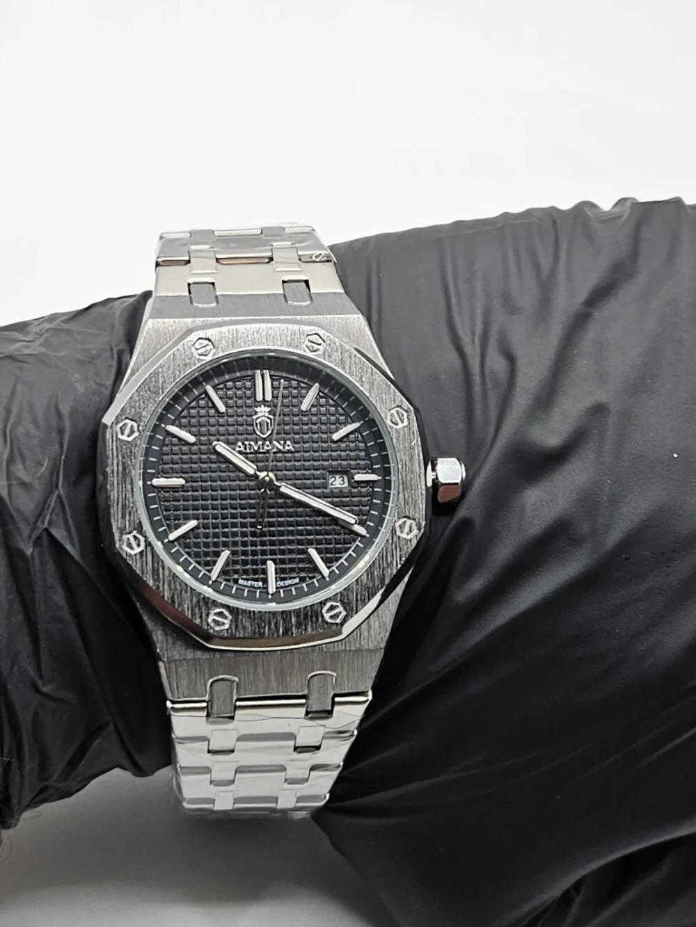 Aimana Frosted Finish Octagonal Steel Watch Black Dial